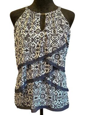 White House Black Market Sleeveless Keyhole Tiered Ruffle Print Top S Black/Whit